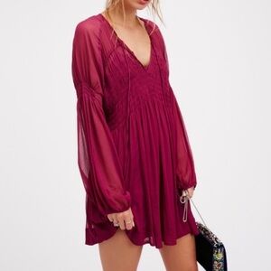 Free People Lini Babydoll Dress Burgundy Boho Lightweight Size Small